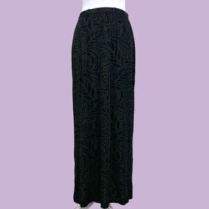 black and green abstract patterned vintage 90s slinky maxi skirt
